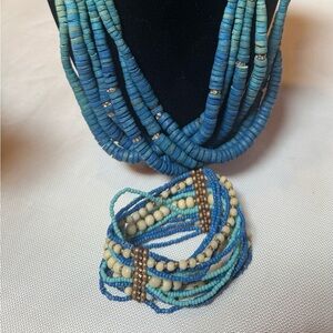 Blue Multi-Strand Beaded Necklace & Stretch Bracelet - Like New